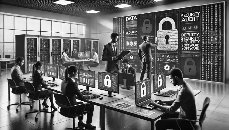 Security team monitoring data protection and cybersecurity systems in a server environment